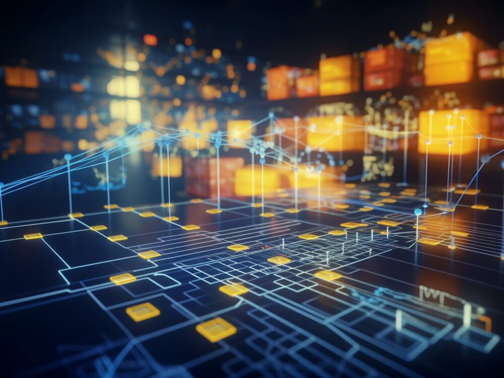 A conceptual illustration of an AI-powered supply chain management system, showing smart logistics and warehouse automation.