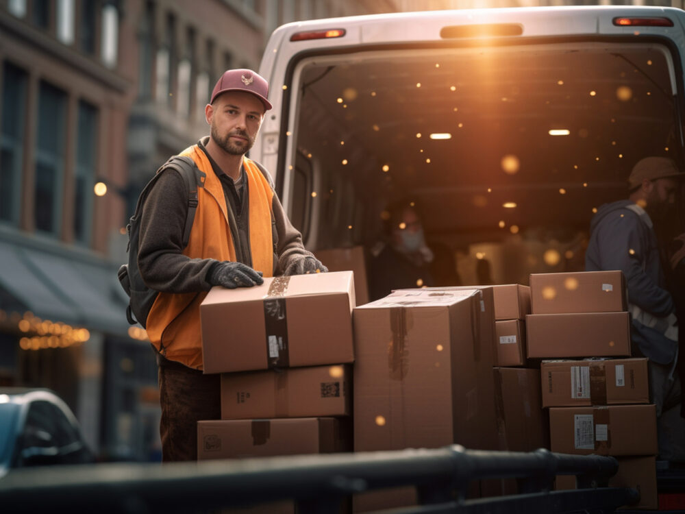 illustration of a man loading a van loading boxes with an unloading truck with Generative AI